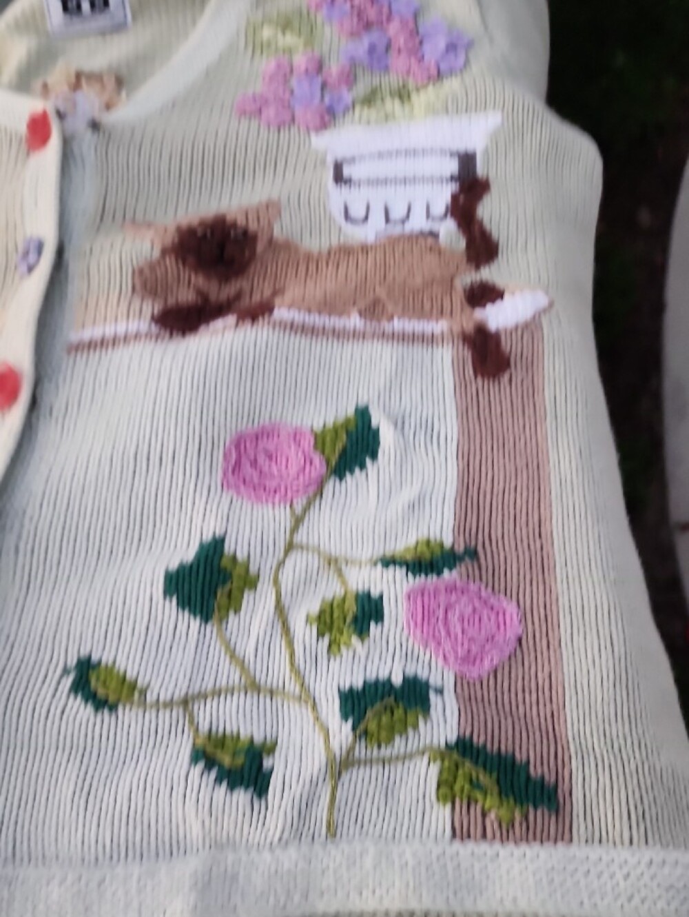 Storybook Knits V-Neck Cardigan Garden Cats Motif size 1X - Picture 8 of 16